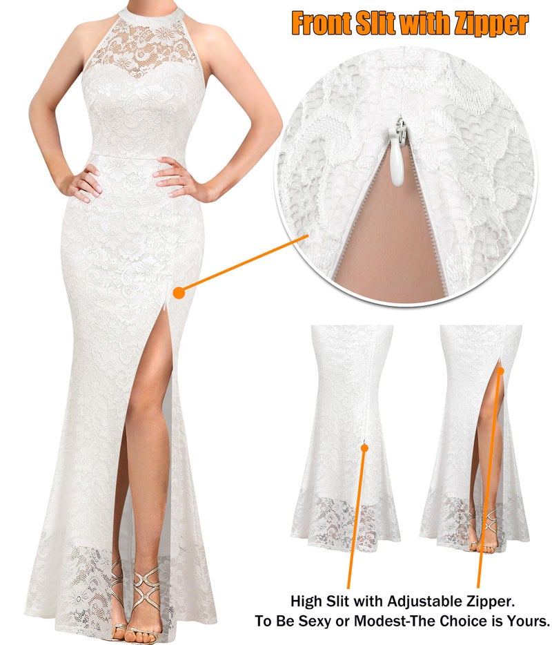 VFSHOW Womens Elegant Halter High Slit Formal Wedding Guest Maxi Long Dress 2023 Prom Sweetheart Neck Lace Cocktail Evening Gown (Ivory, Medium) 10625 WHT M - Image 5