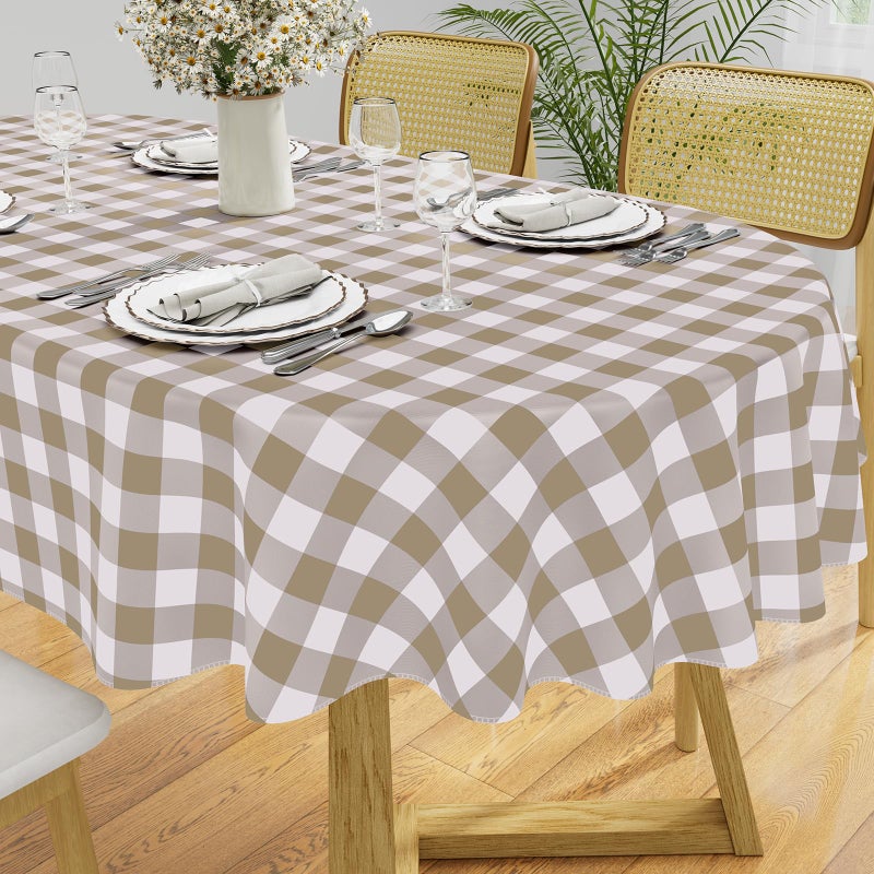 misaya Oval Waterproof Vinyl Table Cloth, Buffalo Flannel Backed Tablecloth, Wipeable Plastic Table Cover for Fall, Thanksgiving (60" x 84", Khaki and White) - Image 1