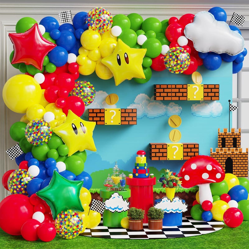 DUBEDAT Red Blue Green Yellow Balloon Garland Kit with Confetti Cloud Mushroom Star Balloons for Bros Party Cartoon Video Game Theme Birthday Party Supplies - Image 3