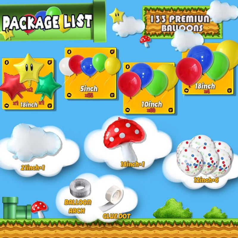 DUBEDAT Red Blue Green Yellow Balloon Garland Kit with Confetti Cloud Mushroom Star Balloons for Bros Party Cartoon Video Game Theme Birthday Party Supplies - Image 2