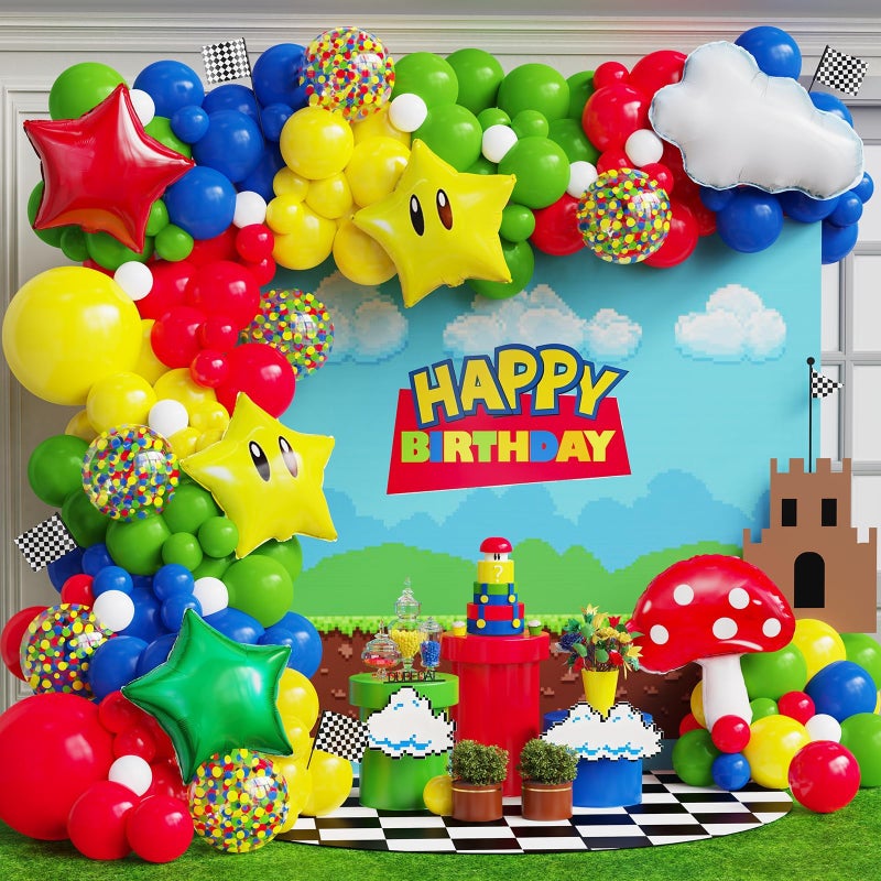 DUBEDAT Red Blue Green Yellow Balloon Garland Kit with Confetti Cloud Mushroom Star Balloons for Bros Party Cartoon Video Game Theme Birthday Party Supplies - Image 1