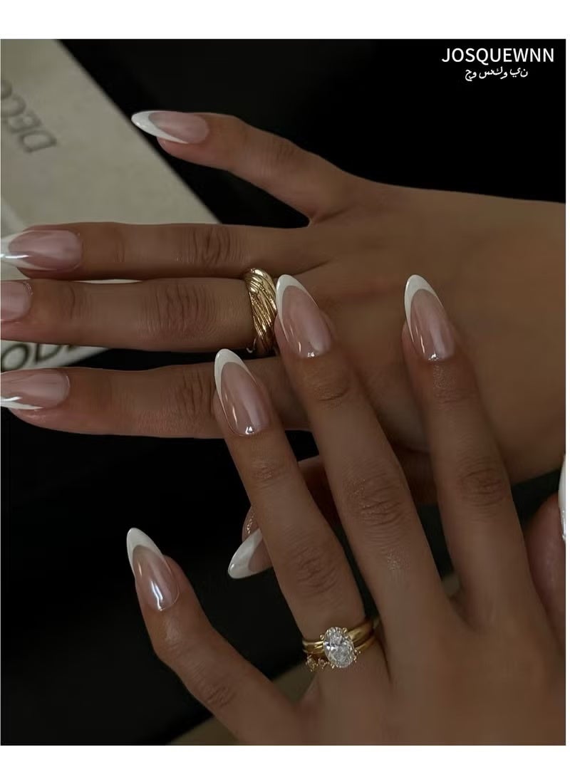 GlamKit Press on nails 24PCS, Minimalist French White Short Almond-Shaped High-Quality Wearable Nails, Fashionable Coated Design Reusable False Nails, Perfectly Showcasing Elegant Temperament and Individual Charm in Nail Art Choice.Fake Acrylic Nails With Glue Kit. - Image 2