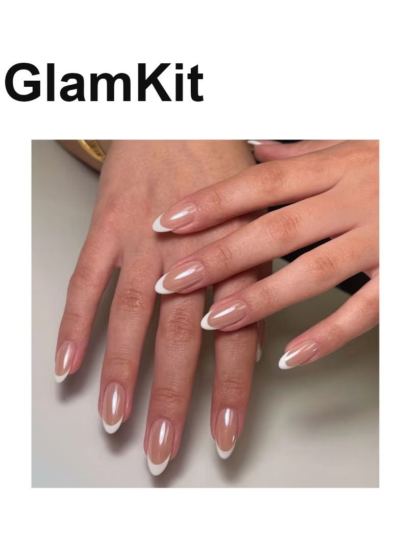 GlamKit Press on nails 24PCS, Minimalist French White Short Almond-Shaped High-Quality Wearable Nails, Fashionable Coated Design Reusable False Nails, Perfectly Showcasing Elegant Temperament and Individual Charm in Nail Art Choice.Fake Acrylic Nails With Glue Kit. - Image 3