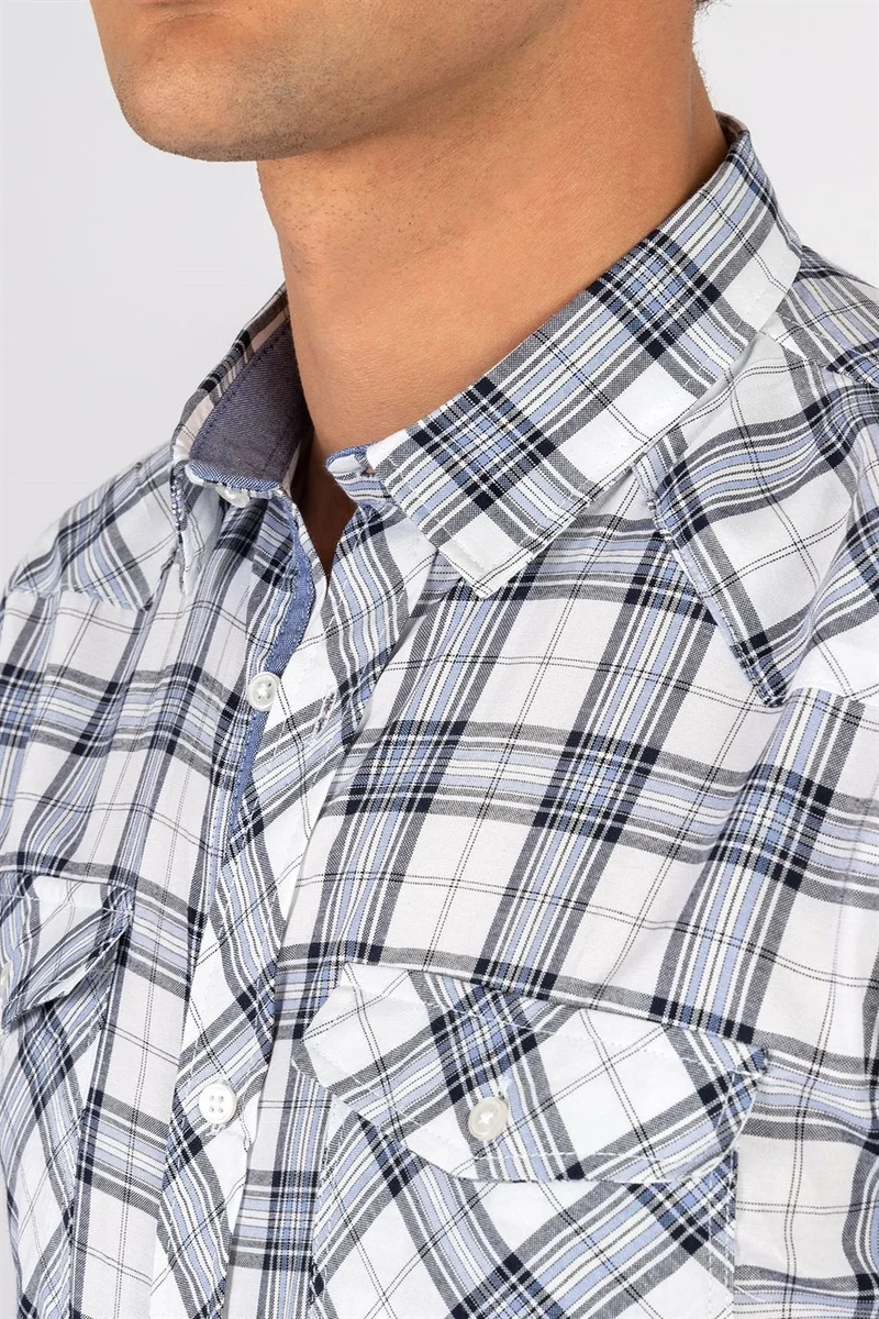 تودورس Slim Fit Short Sleeve Plaid Double Pocket Flap Texas Model Men's Shirt