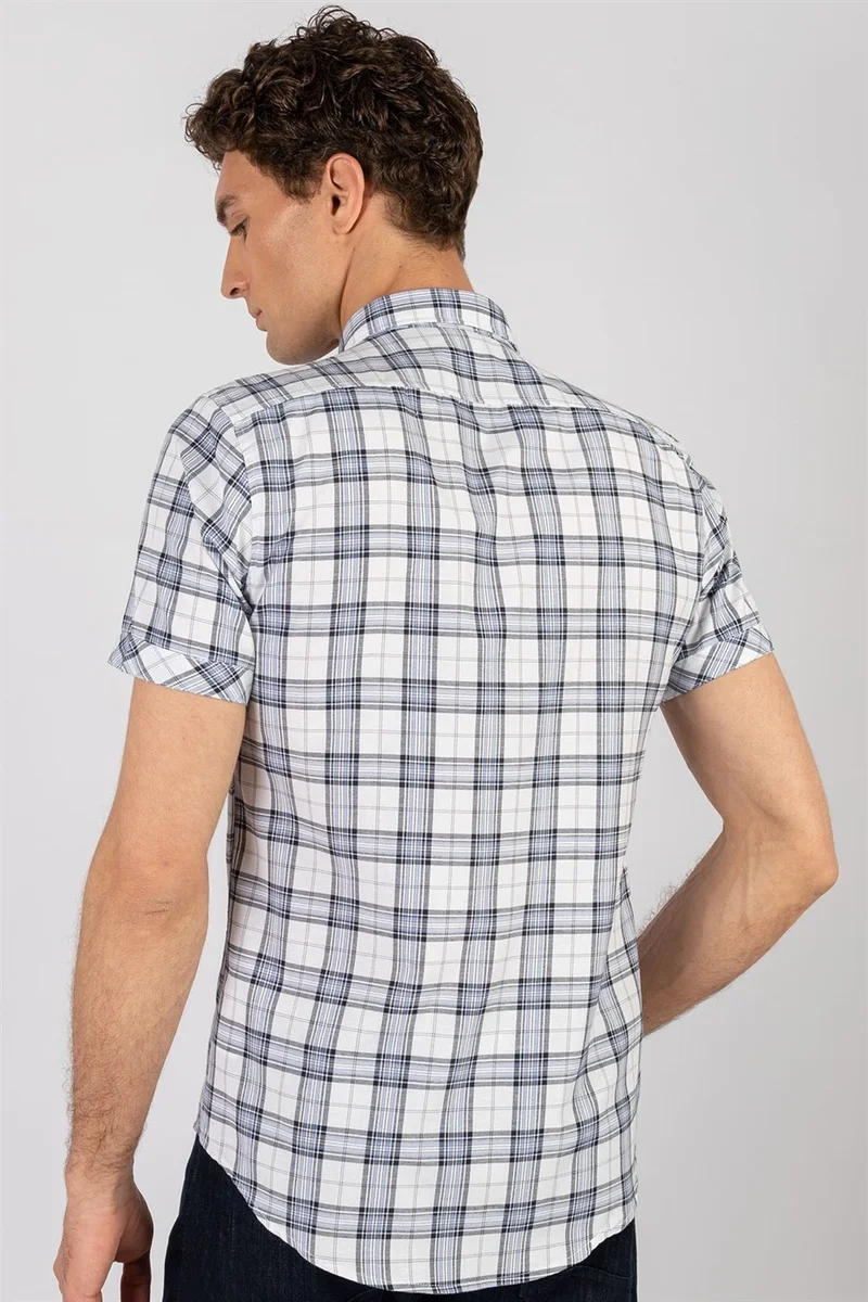 تودورس Slim Fit Short Sleeve Plaid Double Pocket Flap Texas Model Men's Shirt