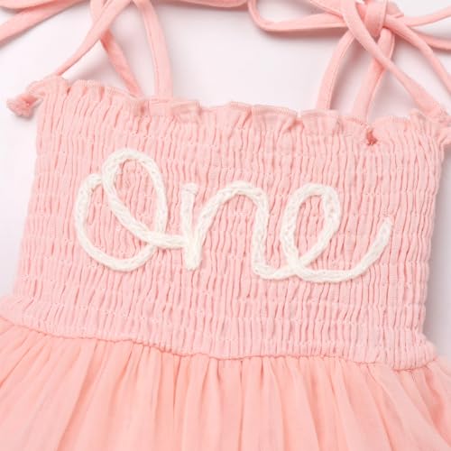 ODOLDI Baby Girls 1st Birthday Outfit Spaghetti Straps Romper Tutu Dress Headband One Year Old Party Cake Smash Photoshoot Outfits Light Pink 6-12 Months - Image 4