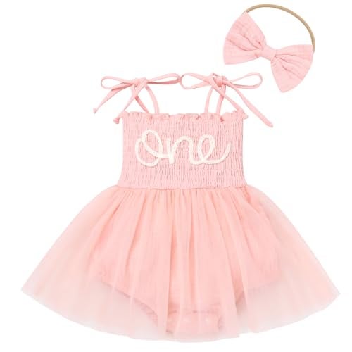 ODOLDI Baby Girls 1st Birthday Outfit Spaghetti Straps Romper Tutu Dress Headband One Year Old Party Cake Smash Photoshoot Outfits Light Pink 6-12 Months - Image 1
