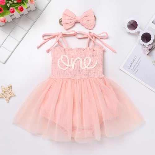 ODOLDI Baby Girls 1st Birthday Outfit Spaghetti Straps Romper Tutu Dress Headband One Year Old Party Cake Smash Photoshoot Outfits Light Pink 6-12 Months - Image 2