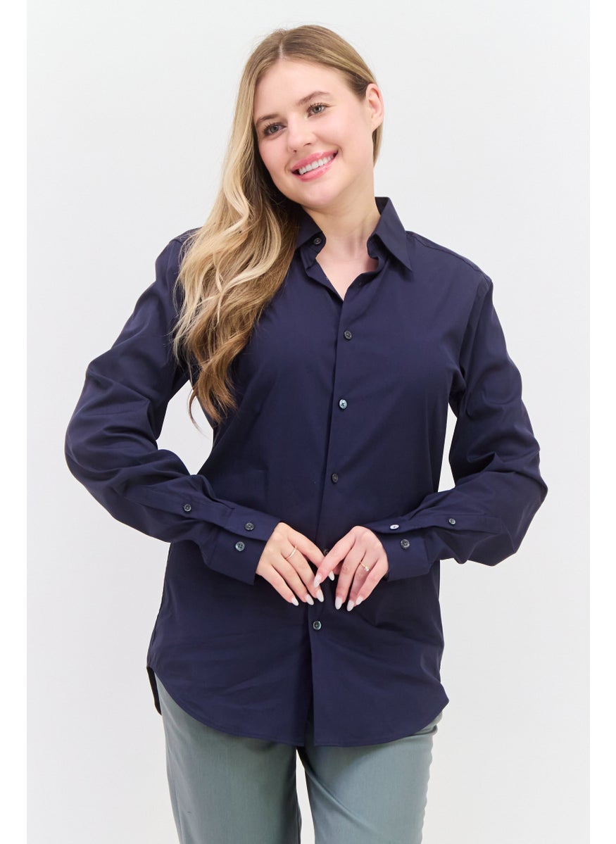 Theory Women Pointed Collar Long Sleeve Solid Shirt, Navy  - Image 1