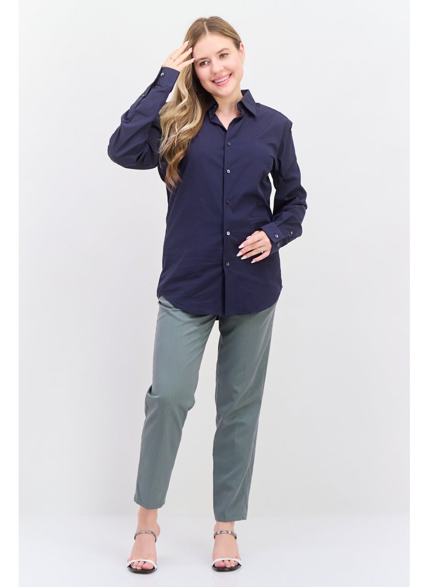 Theory Women Pointed Collar Long Sleeve Solid Shirt, Navy  - Image 3