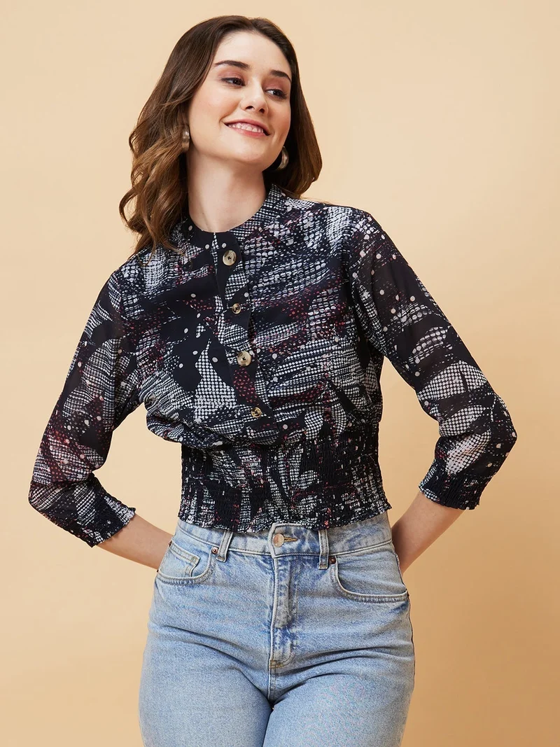 جلو باص بلوزة كروب بطبعة مجردة وياقة ماندرين وسموكينج نسائية من جلوبس