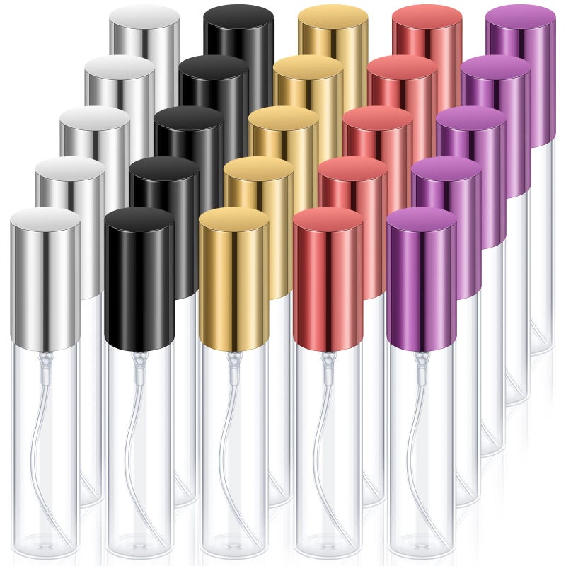 Yinder 25 Pcs 10ml Travel Spray Bottle Refillable Perfume Atomizer Bulk Glass Mini Cologne Perfume Bottles Empty Fine Mist Portable Small Sample ContainersBlack Red Purple Gold Silver
