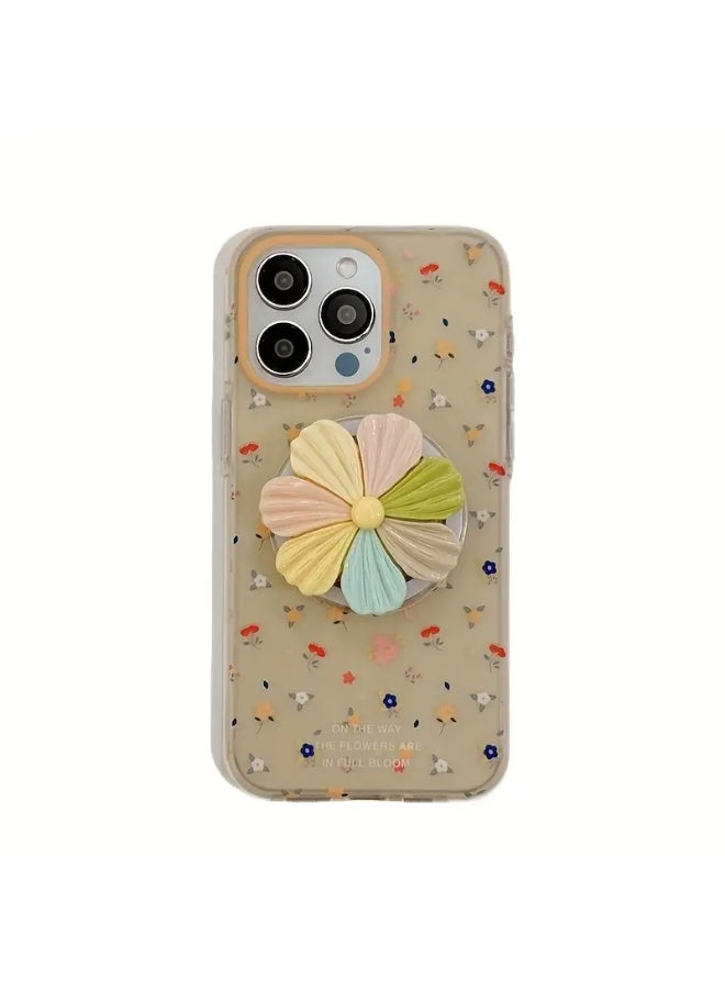 Temu Colorful Floral Design Clear Hard Silicone Phone Case with Removable Flower Magnetic Holder Compatible with iPhone 15 Pro Max - Image 1