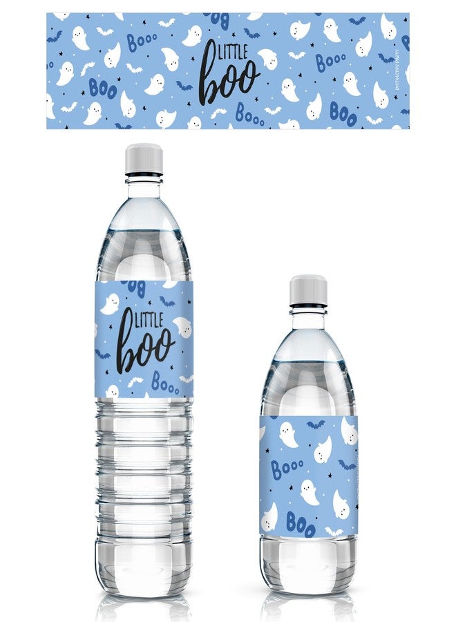 DISTINCTIVS Blue A Little Boo is Almost Due Boy Baby Shower Water Bottle Labels, Halloween Baby Shower Waterproof Stickers for Water Bottles - 20 Count - Image 1