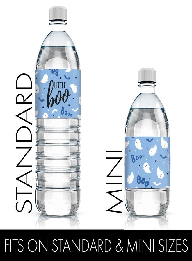 DISTINCTIVS Blue A Little Boo is Almost Due Boy Baby Shower Water Bottle Labels, Halloween Baby Shower Waterproof Stickers for Water Bottles - 20 Count - Image 3