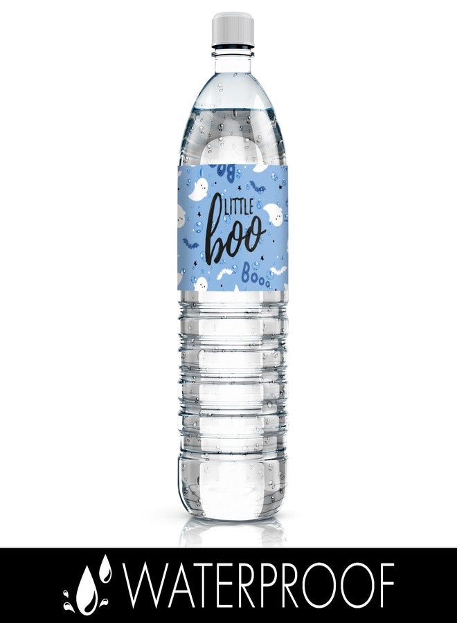 DISTINCTIVS Blue A Little Boo is Almost Due Boy Baby Shower Water Bottle Labels, Halloween Baby Shower Waterproof Stickers for Water Bottles - 20 Count - Image 4