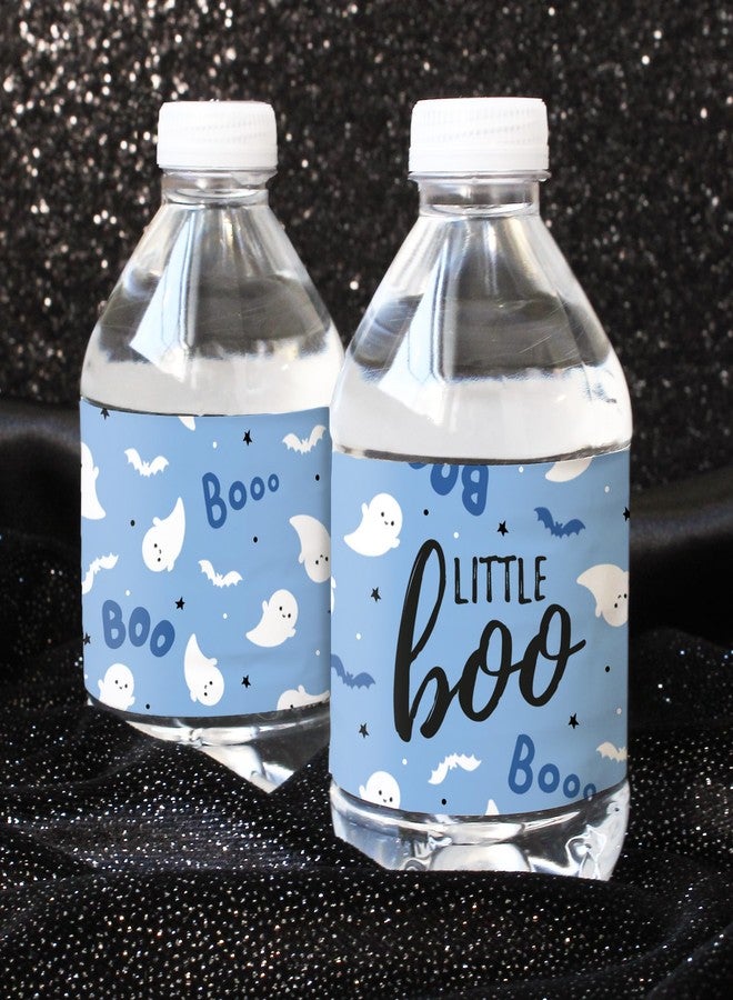 DISTINCTIVS Blue A Little Boo is Almost Due Boy Baby Shower Water Bottle Labels, Halloween Baby Shower Waterproof Stickers for Water Bottles - 20 Count - Image 2