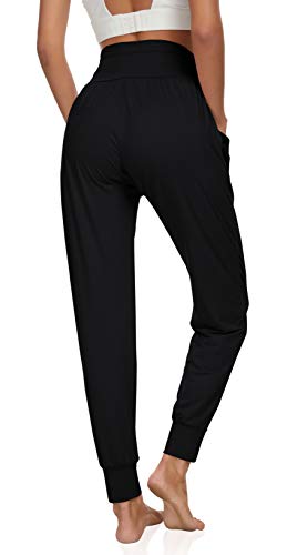UEU Women's Summer Comfy Casual High Waist Yoga Joggers Pants Loose Fitting Workout Fitness Home Lounge Sweat Pants with Pockets(Black,L) - Image 2