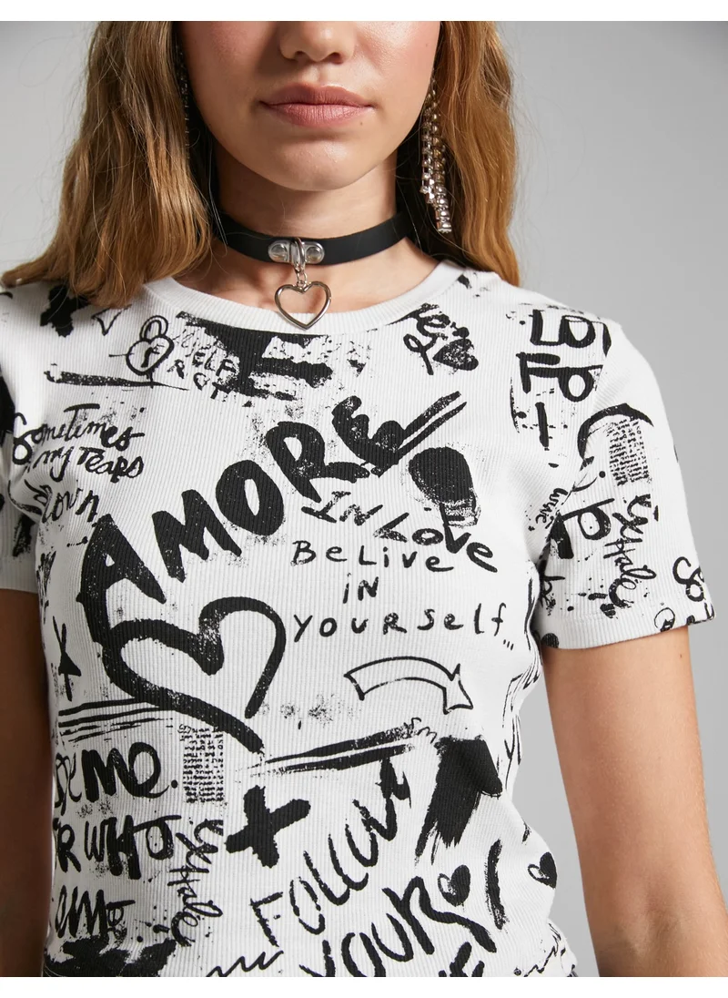 كوتون Printed T-Shirt Short Sleeve Crew Neck Ribbed