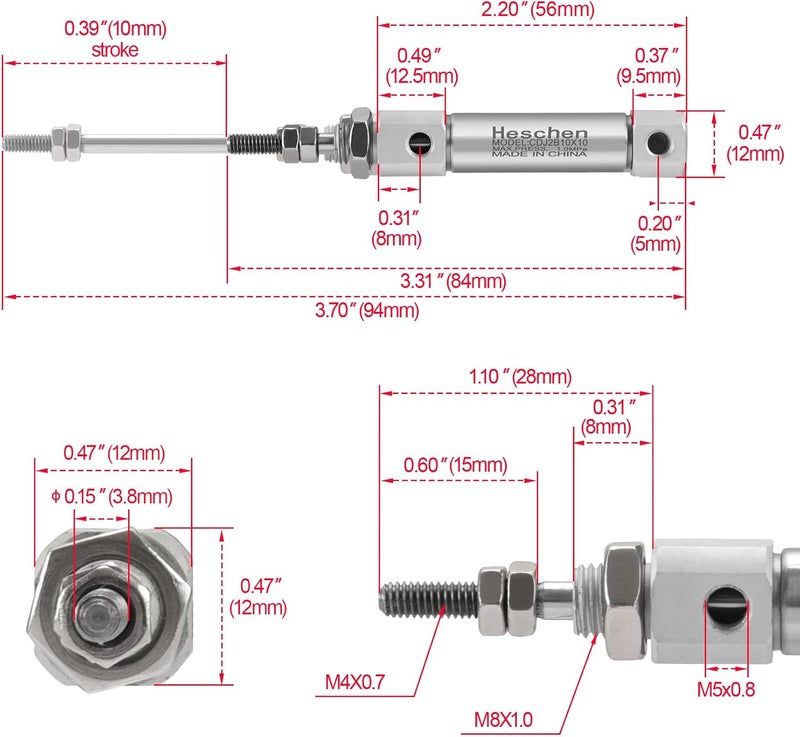 Heschen Stainless Steel Slim Air Pneumatic Cylinder, CDJ2B 10-10, M5 Port, 10mm Bore, 10mm Stroke, Double Acting Single Rod - Image 2