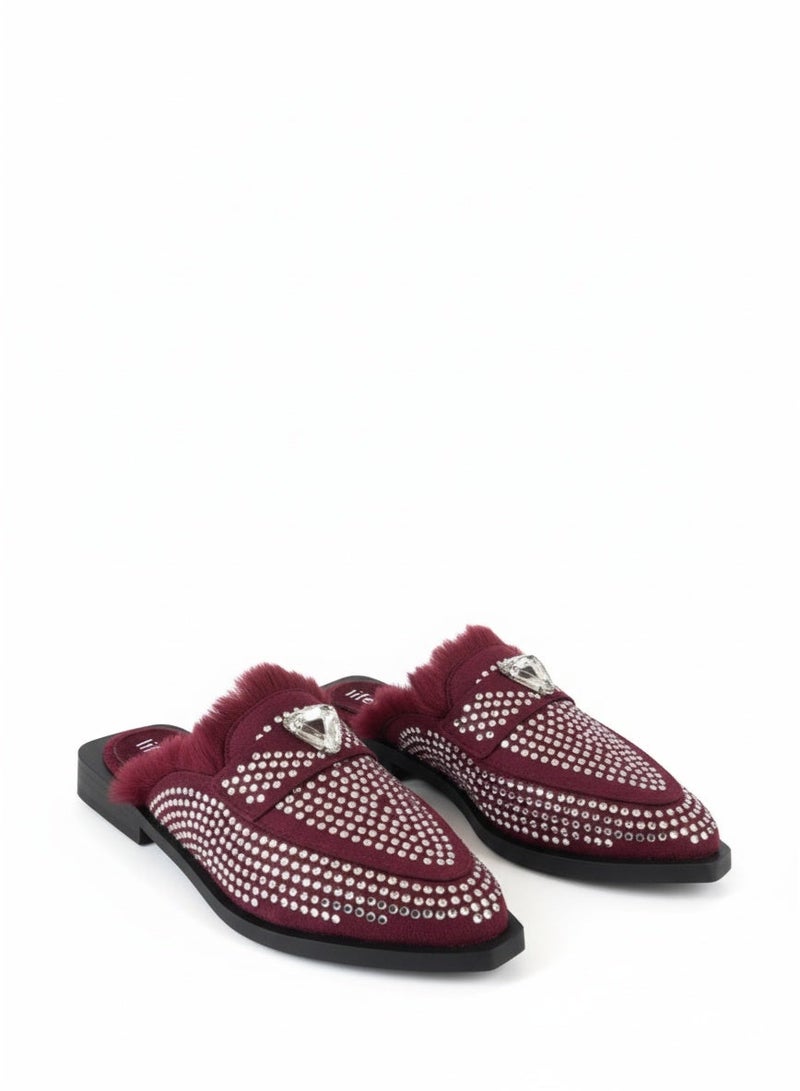 LIFESTYLISH Mules Flat Suede With Diamond SB-23 - Maroon - Image 1