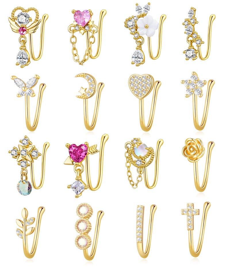 PLOMFOV 16Pcs Fake Nose Ring for Women African Nose Cuffs Faux Clip on Dangling Nose Ring Cuffs for Non Pierced Nose Gold Tone - Image 1