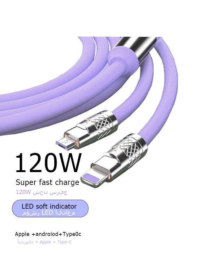 Ocean - 6A Hight Current 3 in 1 Fast Charger Cord Multi Function Charging Cable120W, 1.2 Meter Super Soft Silicone Universal USB Charging Cable Adapter with Lightning/Type C/USB Port(lilac) - Image 1