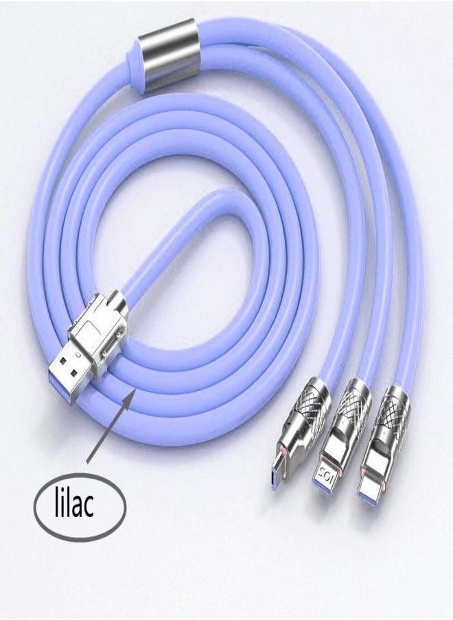 Ocean - 6A Hight Current 3 in 1 Fast Charger Cord Multi Function Charging Cable120W, 1.2 Meter Super Soft Silicone Universal USB Charging Cable Adapter with Lightning/Type C/USB Port(lilac) - Image 1
