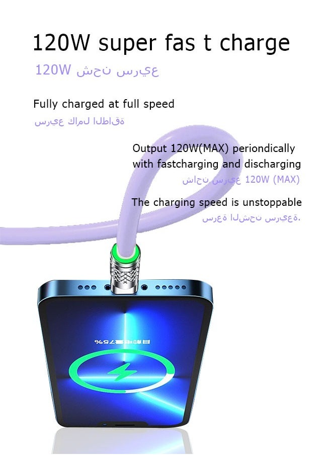 Ocean - 6A Hight Current 3 in 1 Fast Charger Cord Multi Function Charging Cable120W, 1.2 Meter Super Soft Silicone Universal USB Charging Cable Adapter with Lightning/Type C/USB Port(lilac) - Image 1