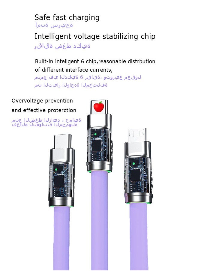 Ocean - 6A Hight Current 3 in 1 Fast Charger Cord Multi Function Charging Cable120W, 1.2 Meter Super Soft Silicone Universal USB Charging Cable Adapter with Lightning/Type C/USB Port(lilac) - Image 1