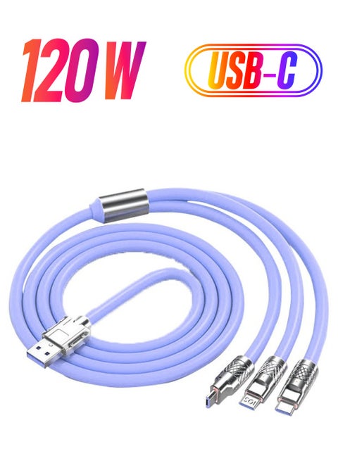 6A Hight Current 3 in 1 Fast Charger Cord Multi Function Charging Cable120W, 1.2 Meter Super Soft Silicone Universal USB Charging Cable Adapter with Lightning/Type C/USB Port(lilac)
