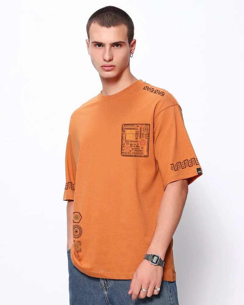 bewakoof Men's Orange Sippin Sun Graphic Printed Oversized T-shirt