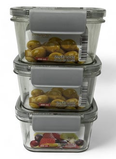 Phoenix Acrylic Refrigerator Food Container,Food box Set of 3 Pieces with Airtight Lock - Clear Silicone Sides 3 * 400ml Grey  - Image 2