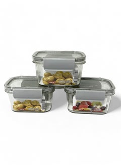 Phoenix Acrylic Refrigerator Food Container,Food box Set of 3 Pieces with Airtight Lock - Clear Silicone Sides 3 * 400ml Grey  - Image 1