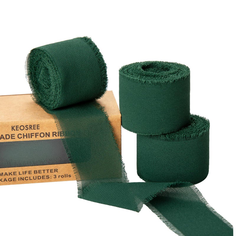 KEOSREE 3 Rolls Dark Green Handmade Chiffon Ribbon15 x 21Yd Frayed Fringe Silk Ribbons 3 Rolls 7Yd for Gifts Wrapping Wedding Invitations Bridal Bouquets Decorations