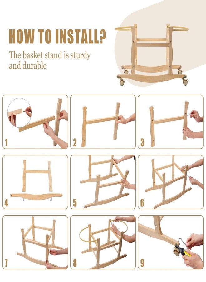 ChengFu Moses Basket Stand, Bassinets Stand, Wooden Rocking Moses Baskets Stand for Baby Bassinets, Mose Basket Bassinet Stand Adjustable Bassinet Rocker with Wheels - Image 4