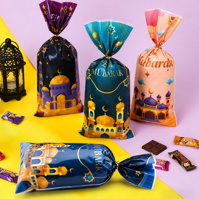 Lxzyu Eid Mubarak Gift Bags, Eid Goodie Bags, Ramadan Goodie Bags, Eid Mubarak Plastic Cellophane Treat Bags Candy Cookie Snack Goody Bag with Ties for Islamic Muslim Eid Mubarak Party Favor Supplies, 50Pcs - Image 2