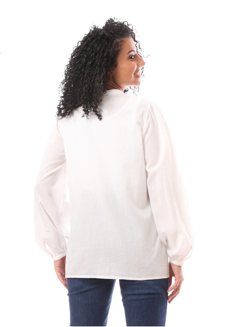 MERCH - Viscose Embroidered V Neck Blouse With Buttons - White - Image 1