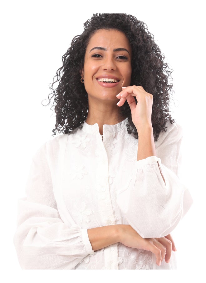 MERCH - Viscose Embroidered V Neck Blouse With Buttons - White - Image 1