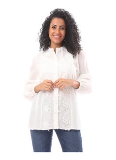 Viscose Embroidered V Neck Blouse With Buttons - White