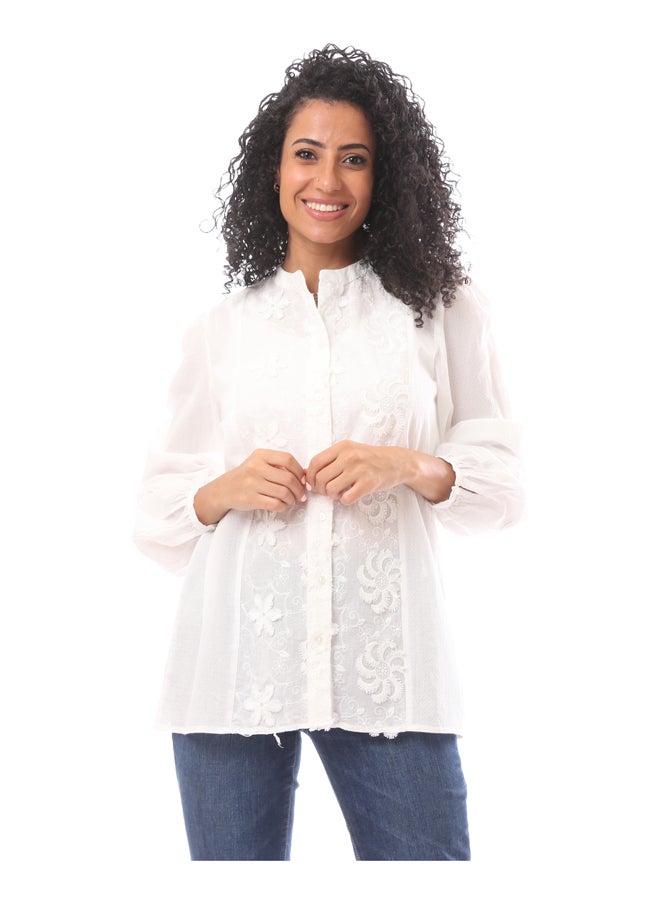 MERCH - Viscose Embroidered V Neck Blouse With Buttons - White - Image 1