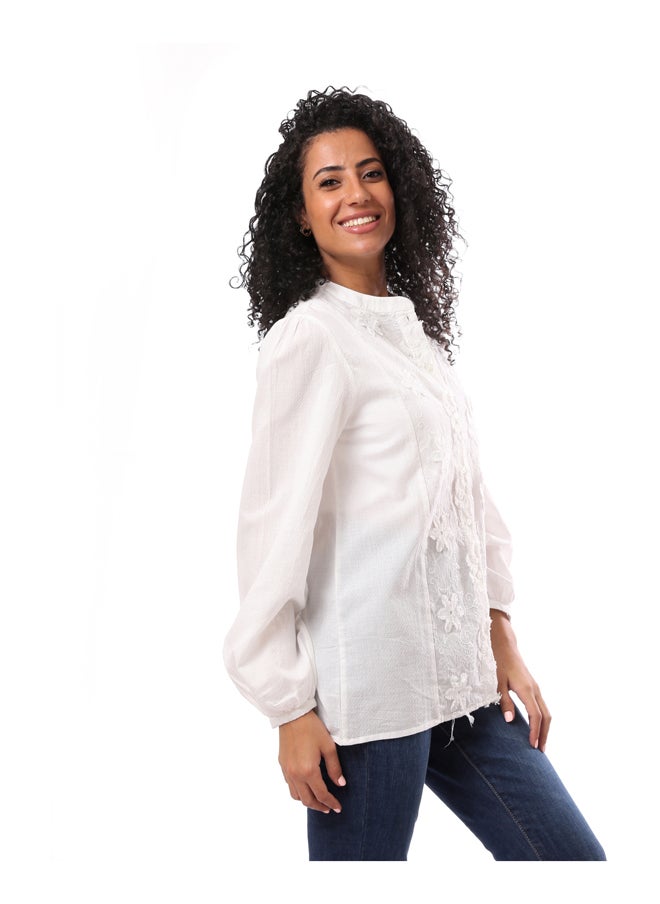 MERCH - Viscose Embroidered V Neck Blouse With Buttons - White - Image 1