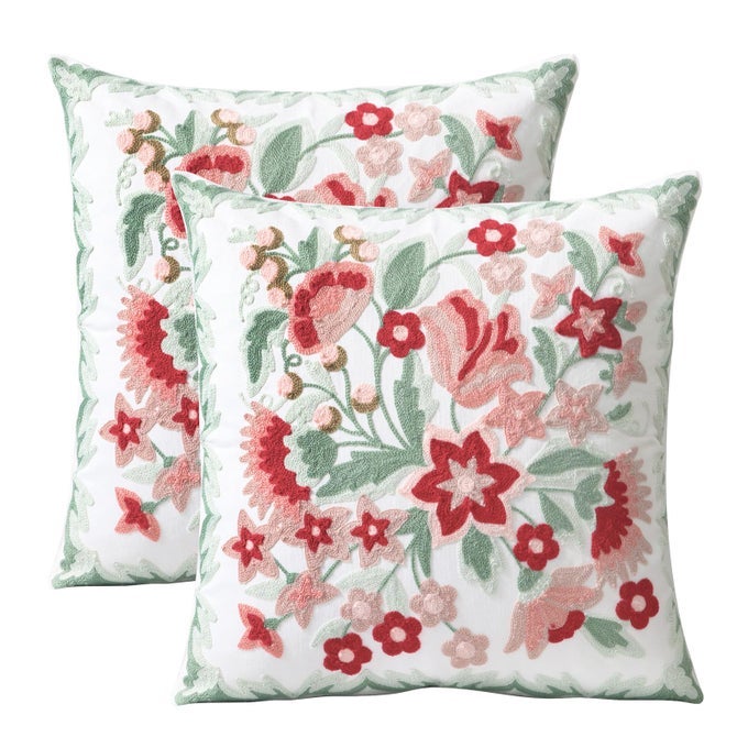 SET OF 2 EMBROIDERED DECORATIVE THROW PILLOW COVERS COUCH SQUARE PILLOWCASES CUSHION FOR BEDROOM SOFA FARMHOUSE DECOR 18X18 INCH ANGEL FLOWER