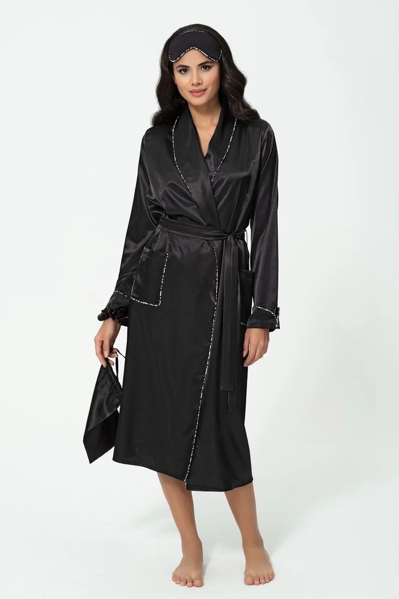 For You Sleepwear 6-Piece Leopard Piping Detailed Dressing Gown Athlete Shorts Black Pajama Set S27397