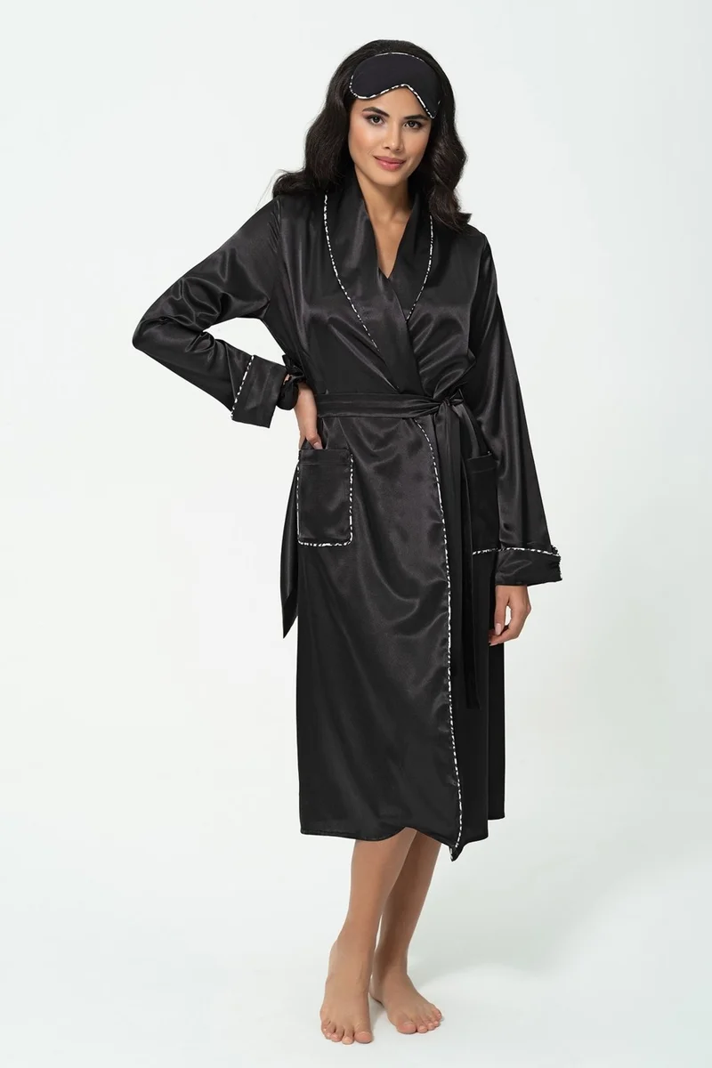For You Sleepwear 6-Piece Leopard Piping Detailed Dressing Gown Athlete Shorts Black Pajama Set S27397