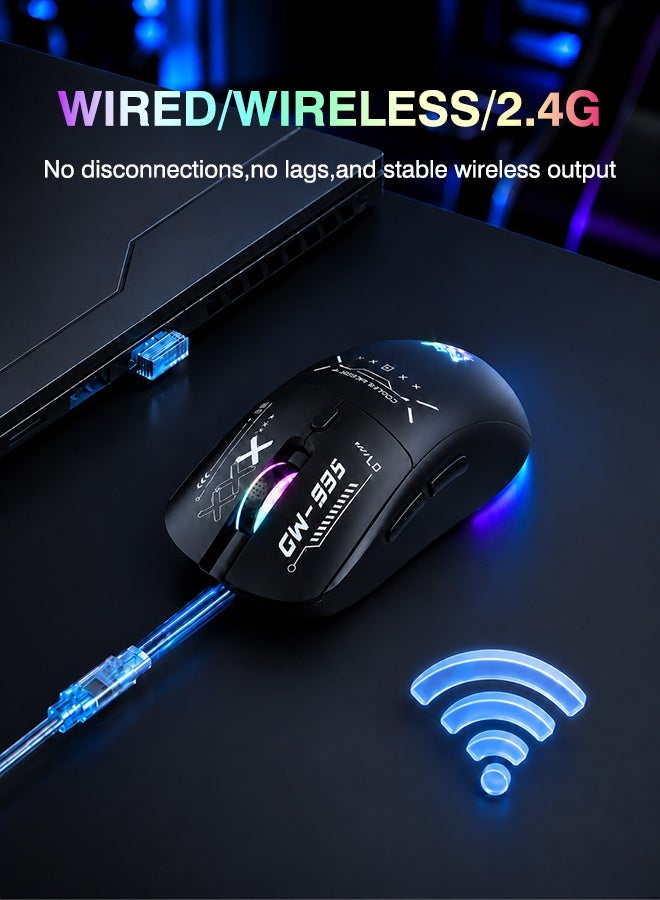 أونيكوما ماوس ألعاب لاسلكي ثلاثي الأوضاع من Onikuma طراز CW935 - اتصال 2.4G/بلوتوث/سلكي، دقة 12800 DPI، وزن خفيف جداً 79 جرام، بطارية 500 مللي أمبير قابلة لإعادة الشحن، تصميم مريح مع إضاءة RGB لـ PC وماك ولابتوب (أسود) - Image 4
