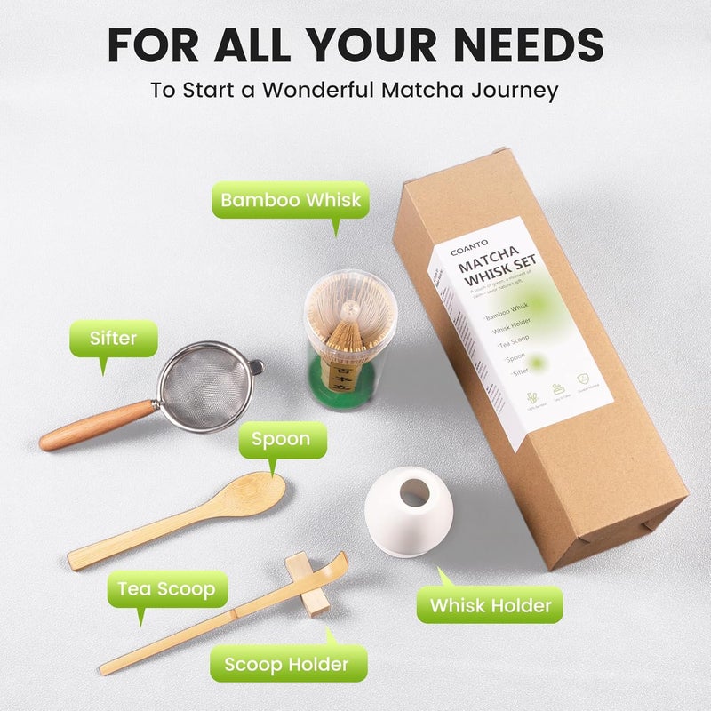 Coanto Matcha Whisk Set - Includes Sifter Bamboo Whisk (Chasen), Tea Spoon, Spoon Holder, Scoop and Green Whisk Holder, 6pcs (No Bowl Included) - Image 5