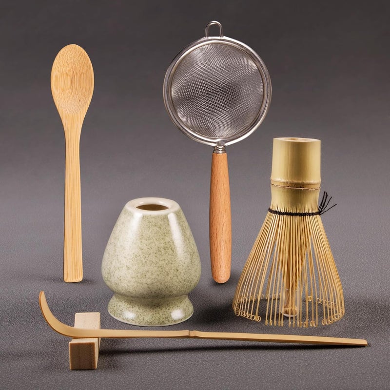 Coanto Matcha Whisk Set - Includes Sifter Bamboo Whisk (Chasen), Tea Spoon, Spoon Holder, Scoop and Green Whisk Holder, 6pcs (No Bowl Included) - Image 1