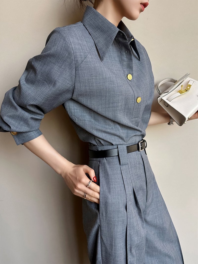 In the spring of 2025, wear a set of high-end aura powerful womens clothing gray old money style shirt wide leg pants suit Single gray shirt