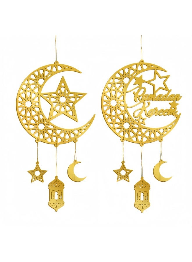 2PCS Ramadan Mubarak Hanging Decorations, Acrylic Ramadan Door Wreath Ramadan Mubarak Islamic Wall Decor Hollow Moon and Star Front Door Wall Signs, Muslim Sign Eid Mubarak Kareem Ornaments Hanging for Home Party - Image 1